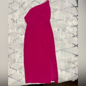 Hot pink midi dress with asymmetrical straps